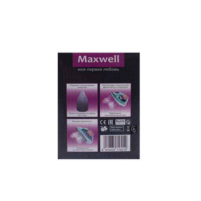 Утюг Maxwell MW-3039, 1800 Вт, тефлон, отпаривание, зеленый - фото 51482761