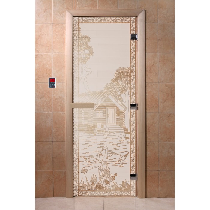 Дверь «Банька в лесу», размер коробки 200 × 80 см, левая, цвет сатин