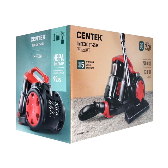 Пылесос Centek CT-2536, 2400/ 420 Вт, НEPA-фильтр, чёрно-красный - фото 51543316