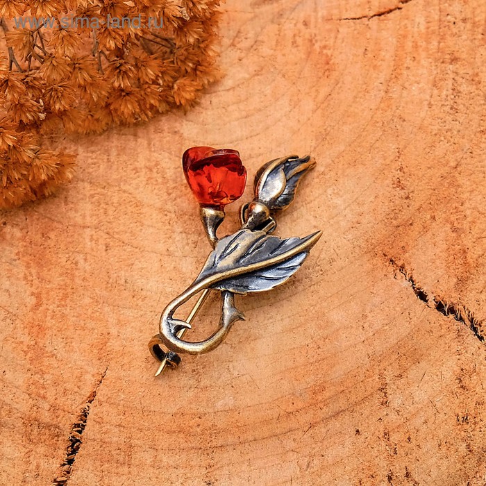 Брошь «Янтарь» роза с бутоном, цвет коньячный в бронзе - Фото 1