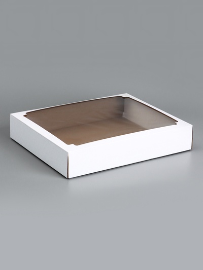 Коробка сборная без печати крышка-дно белая с окном 37×32×7 см