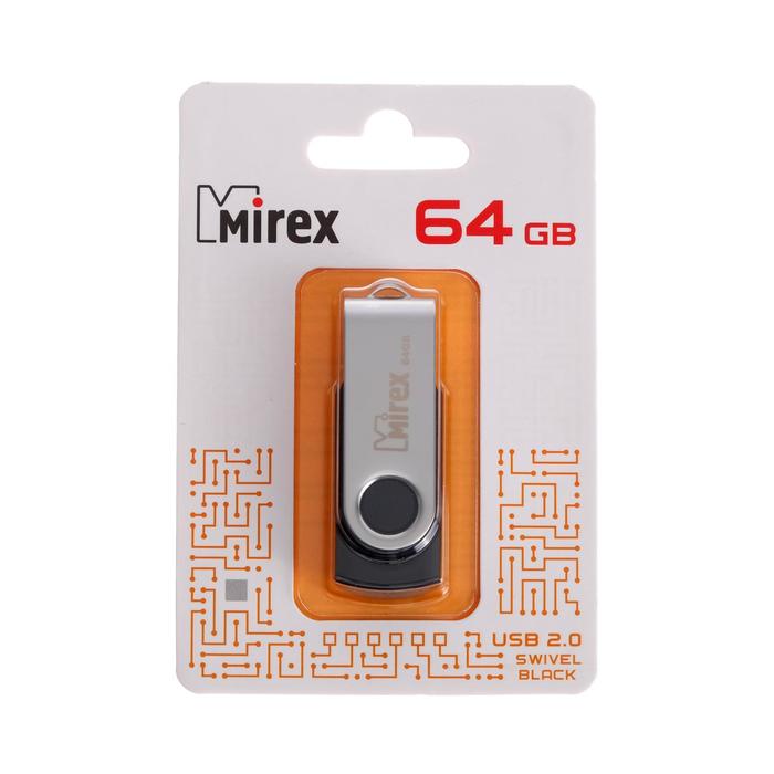 Флешка Mirex SWIVEL BLACK, 64 Гб, USB2.0, чт до 25 Мб/с, зап до 15 Мб/с, цвет черный-серый - фото 51296044