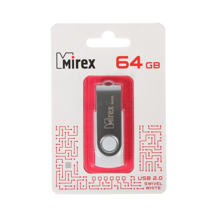 Флешка Mirex SWIVEL WHITE, 64 Гб, USB2.0, чт до 25 Мб/с, зап до 15 Мб/с,  белый-серый - фото 51296052