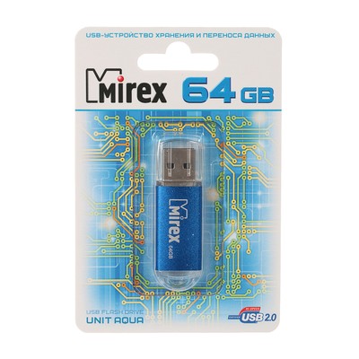 Флешка Mirex UNIT AQUA, 64 ГБ, USB 2.0, чтение до 25 Мб/с, запись до 15 Мб/с, синяя