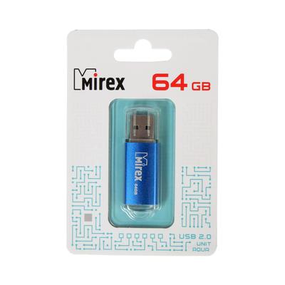Флешка Mirex UNIT AQUA, 64 ГБ, USB 2.0, чтение до 25 Мб/с, запись до 15 Мб/с, синяя