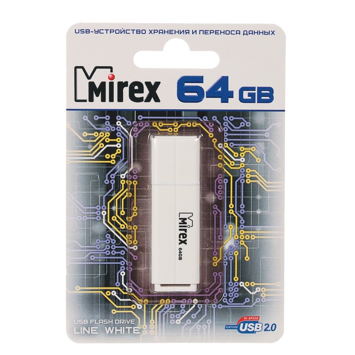 Флешка Mirex LINE WHITE, 64 Гб, USB2.0, чт до 25 Мб/с, зап до 15 Мб/с, белая - фото 51296107