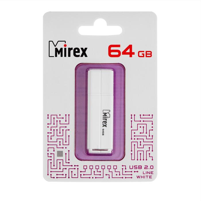 Флешка Mirex LINE WHITE, 64 Гб, USB2.0, чт до 25 Мб/с, зап до 15 Мб/с, белая - фото 51296109