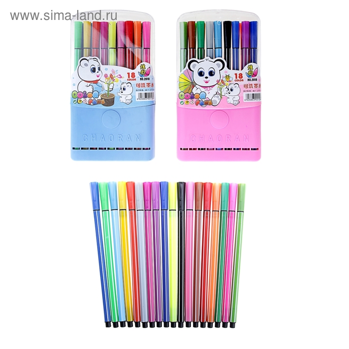 Фломастеры 18 цветов Полоски в пластиковом пенале,вентилируемый колпачок,МИКС - Фото 1