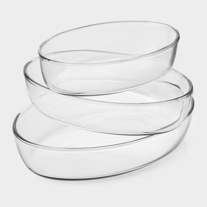 Формы для запекания Paşabahçe Borcam, 3 предмета: 1.5 л, 2.3 л, 3.2 л, жаропрочное стекло, прозрачные - Фото 1