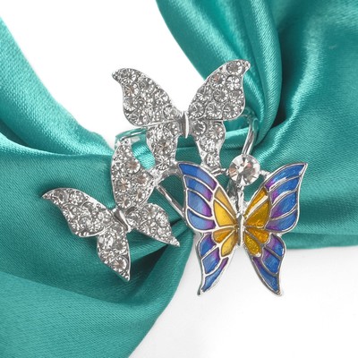 Кольцо для платка «Бабочки», цветное в серебре