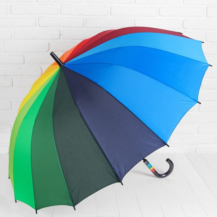 Зонт - трость полуавтоматический «Радуга», эпонж, 16 спиц, R = 61 см, разноцветный - фото 1886376668