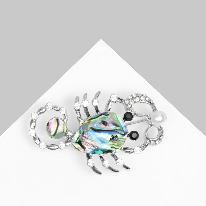 Брошь «Галиотис» скорпион с жемчужиной, зелёная в серебре - Фото 1