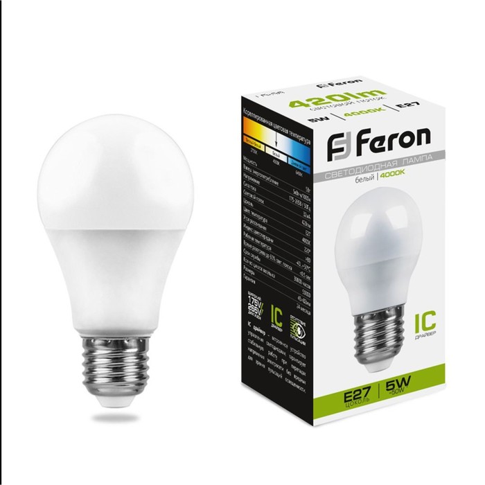 Лампа светодиодная FERON LB-38, G45, E27, 5 Вт, 230 В, 4000 К, 420 Лм, 200°, 82 х 45 мм - Фото 1