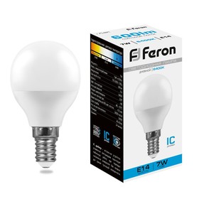Лампа светодиодная FERON, G45, 7 Вт, Е14, 6400 К, холодный белый