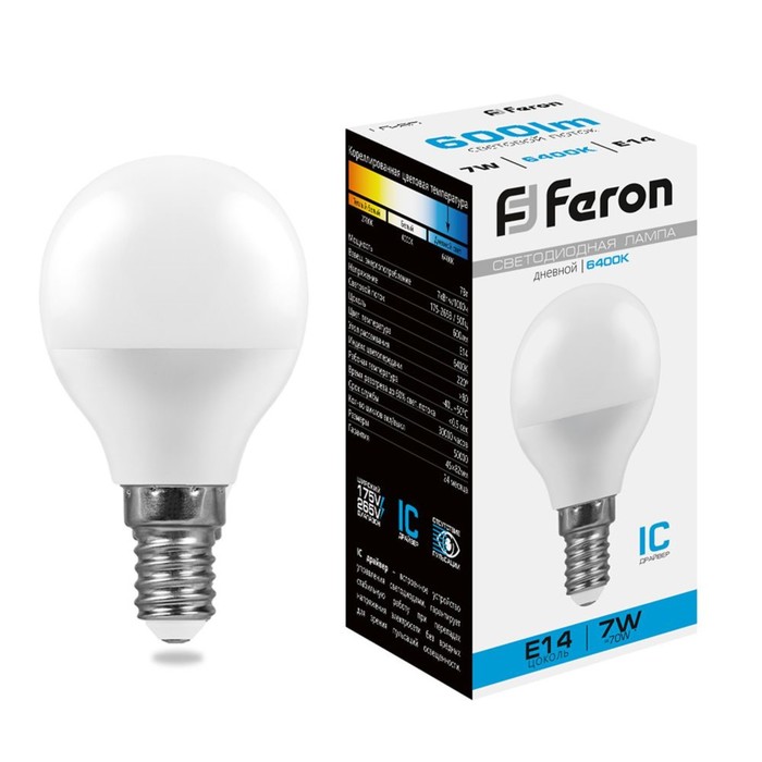 Лампа светодиодная FERON, G45, 7 Вт, Е14, 6400 К, холодный белый - Фото 1