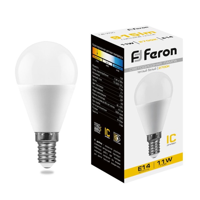 

Лампа светодиодная FERON, G45, 11 Вт, Е14, 2700 К, теплый белый