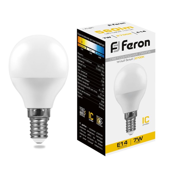 Лампа светодиодная FERON, G45, 7 Вт, Е14, 2700 К, теплый белый - Фото 1