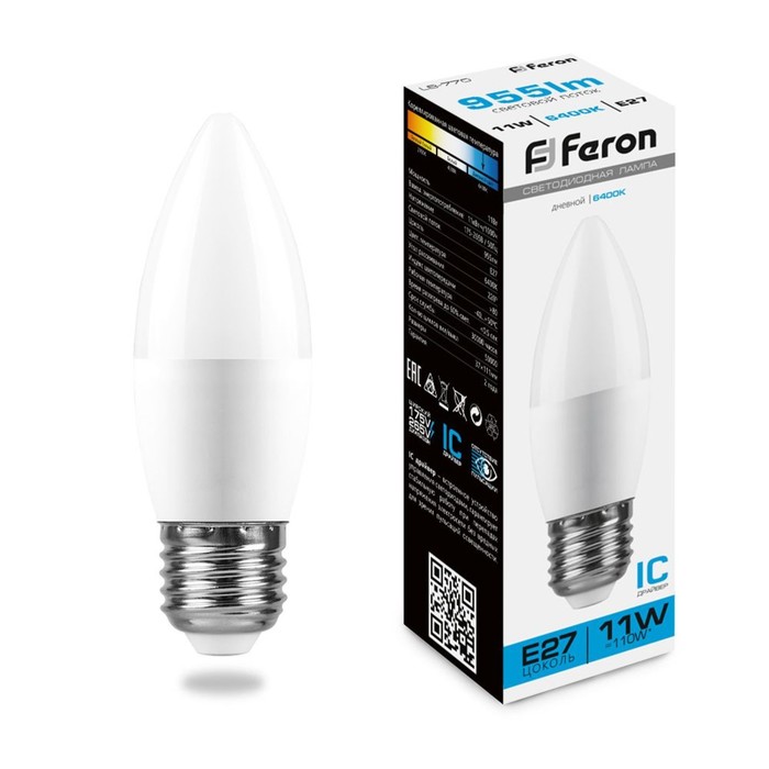 Лампа светодиодная FERON LB-770, C37, E27, 11 Вт, 230 В, 6400 К, 955 Лм, 220°, 111 х 37 мм