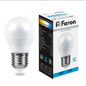 Лампа светодиодная FERON LB-95, G45, E27, 7 Вт, 230 В, 6400 К, 600 Лм, 220°, 82 х 45 мм