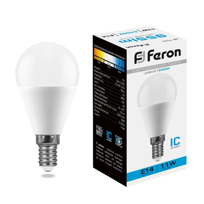 Лампа светодиодная FERON, G45, 11 Вт, E14, 955 Лм, 6400 К, 220°, 92х45, холодный белый