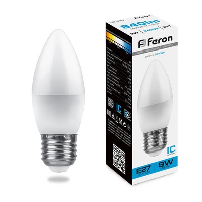 Лампа светодиодная FERON, "Свеча", Е27, 9 Вт, 230 В, 6400 К