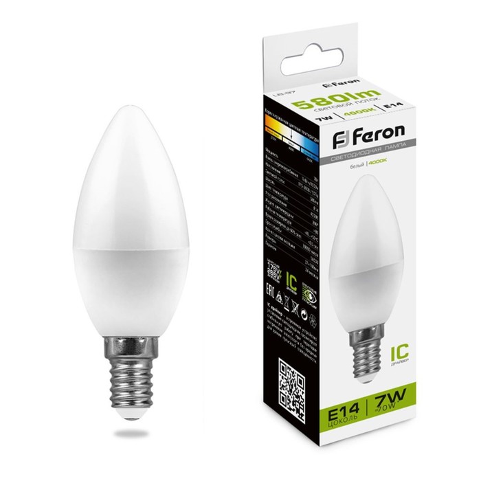 Лампа светодиодная FERON, С37, 7 Вт, Е14, 4000 К, дневной белый - Фото 1