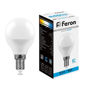 Лампа светодиодная FERON, G45, 9 Вт, Е14, 6400 К, холодный белый