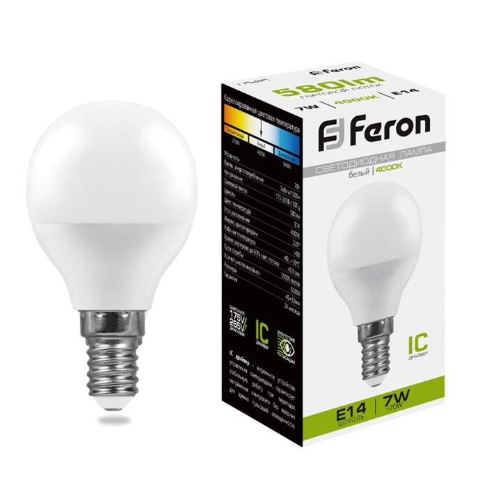 Лампа светодиодная FERON, G45, 7 Вт, Е14, 4000 К, дневной белый - Фото 1