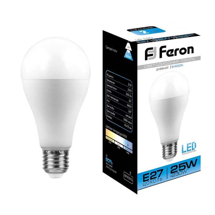 Лампа светодиодная FERON LB-100, A65, E27, 25 Вт, 230 В, 6400 К, 2200 Лм, 220°, 135 х 65 мм - Фото 1