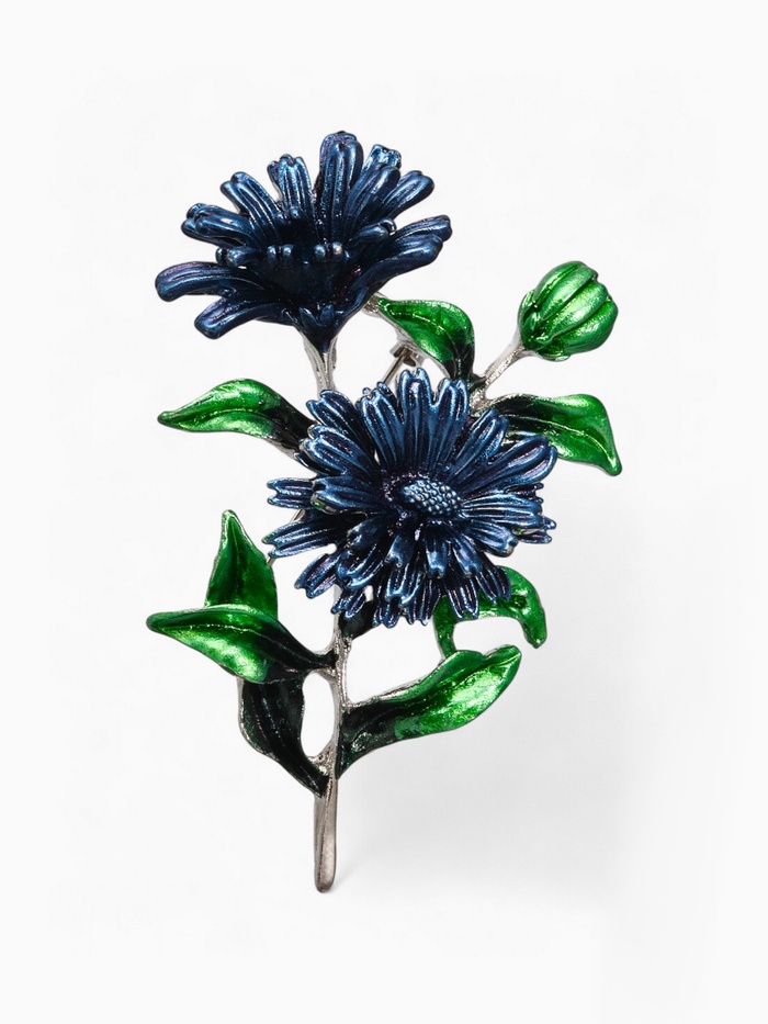 Брошь «Цветы» календула, цвет сине-зелёный в серебре - Фото 1