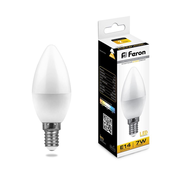 

Лампа светодиодная FERON, С37, 7 Вт, Е14, 2700 К, теплый белый