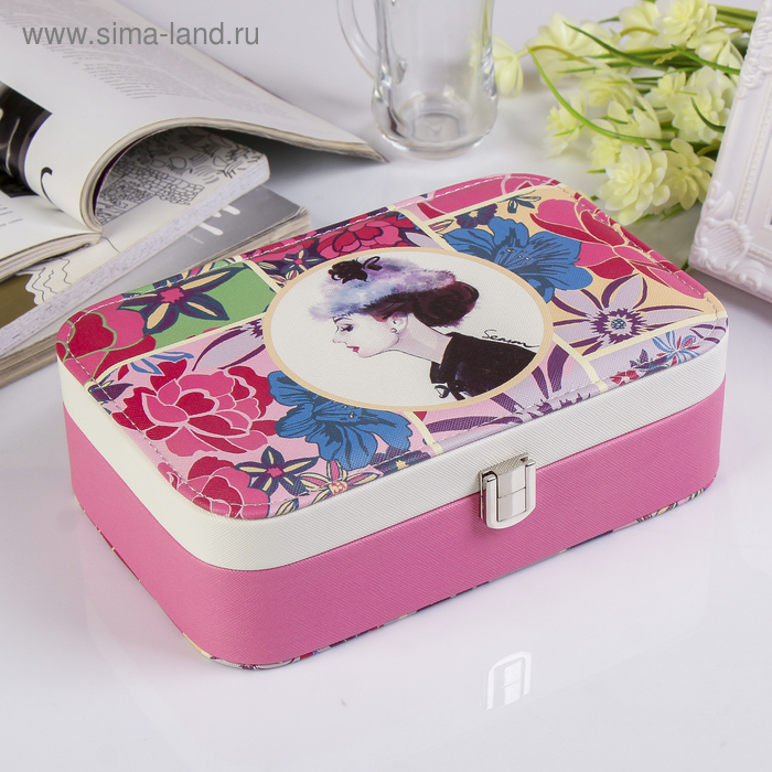 Шкатулка кожзам под часы 1 отделение и бижутерию "Девушка в шляпке" 7х22х14,5 см - Фото 1