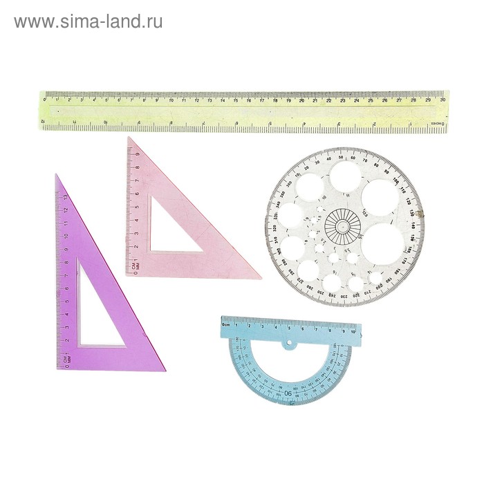Набор геометрический Calligrata, 5 предметов (линейка 30 см, 2 угольника, транспортир, трафарет окружности), МИКС - Фото 1