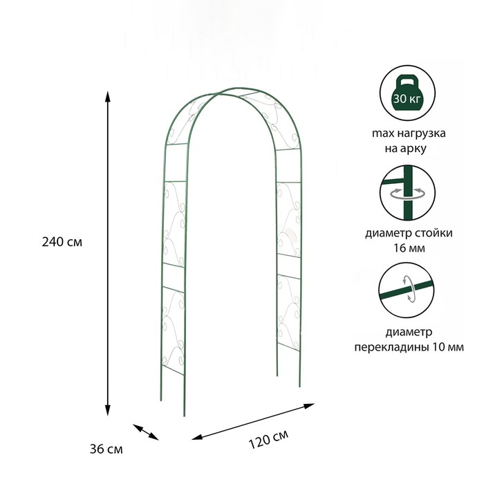 Арка садовая, разборная, 240 × 120 × 36 см, металл, зелёная, «Вьюнок»