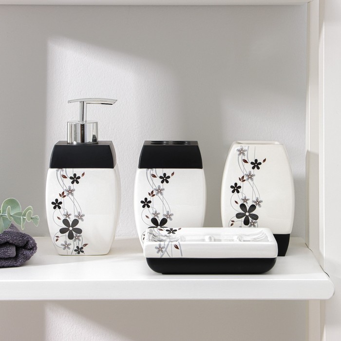 Набор аксессуаров для ванной комнаты «Грация», 4 предмета (дозатор 400 мл, мыльница, 2 стакана), цвет бело-чёрный - фото 1905545707