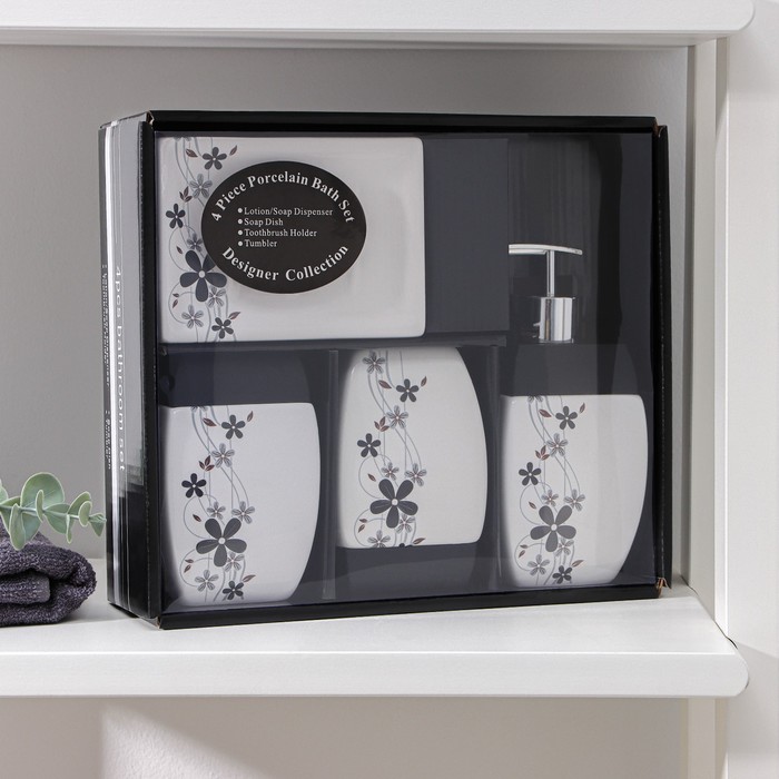 Набор аксессуаров для ванной комнаты «Грация», 4 предмета (дозатор 400 мл, мыльница, 2 стакана), цвет бело-чёрный - фото 1899672558