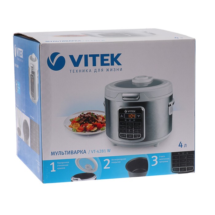 Мультиварка Vitek VT-4281, 800 Вт, 4 л, 9 программ, книга рецептов, дисплей, серебристая - фото 51332021