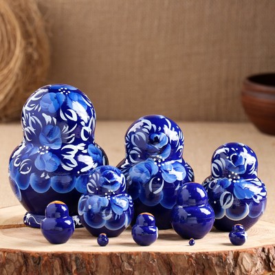 Матрёшка дерево «Гжель», синее платье, 10 кукольная, 13 см, ручная роспись