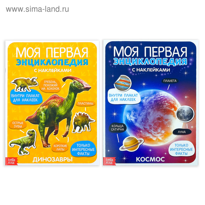 Книжки с наклейками «Энциклопедии о динозаврах и космосе», набор 2 шт. по 8 стр., А4 - Фото 1