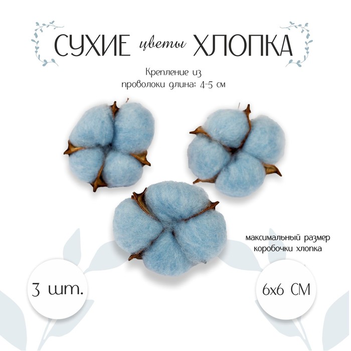 Сухие цветы хлопка, набор 3 шт., размер 1 шт. 6×6 см, голубые - Фото 1