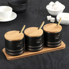 Набор банок керамических для сыпучих продуктов с ложками на деревянной подставке «Сладкое время», 3 предмета: 300 мл, цвет чёрный - фото 8803770