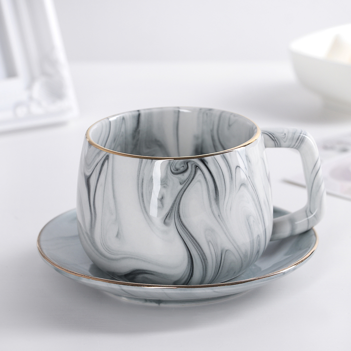 Чайная пара керамическая «Мрамор», 2 предмета: чашка 300 мл, блюдце d=13,5 см, цвет серый