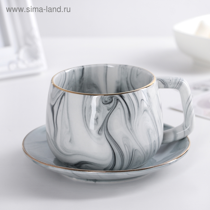 Чайная пара керамическая «Мрамор», 2 предмета: чашка 300 мл, блюдце d=13,5 см, цвет серый - Фото 1