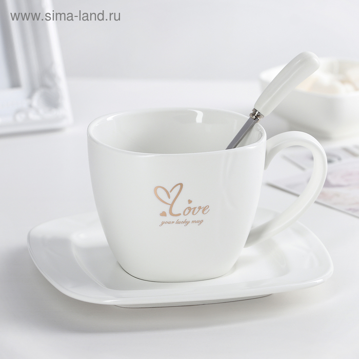 Чайная пара керамическая с ложкой Love, 2 предмета: чашка 380 мл, блюдце d=16 см, цвет МИКС - Фото 1