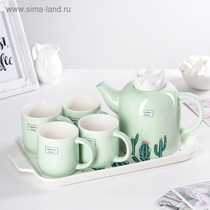 Набор керамический чайный «Кактус», 6 предметов: чайник 800 мл, 4 кружки 200 мл, подставка 32×18 см - Фото 1