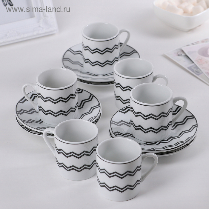 Набор керамический кофейный Доляна «Зигзаг», на 6 персон, кружка 80 мл, блюдце 11 см - Фото 1