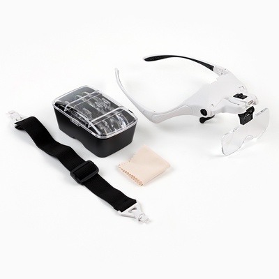 УЦЕНКА Лупа налобная 1-3х бинокулярная, 22×14×7.5 см, с подсветкой, 5 линз в комплекте, 3 ААА