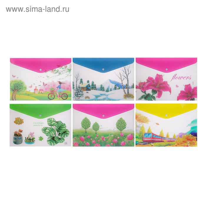 Папка-конверт на кнопке, формат А4+, 200 мкр, «Ассорти», блестящая, МИКС - Фото 1