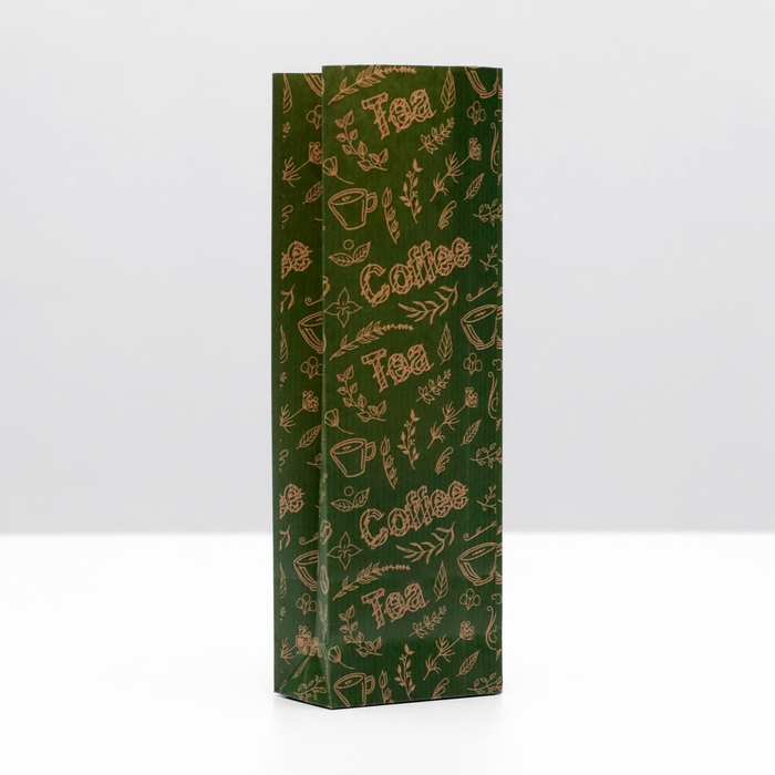 Пакет бумажный фасовочный "Coffe and tea", крафт, зелёный, 7 х 4 х 21 см - Фото 1