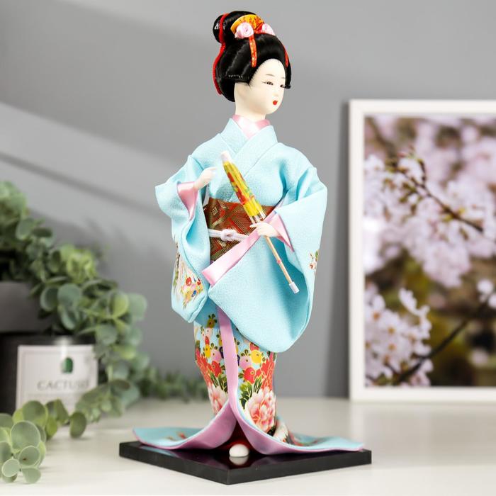 Кукла коллекционная "Японка в голубом кимоно с зонтом" 30х12,5х12,5 см - фото 1877496515